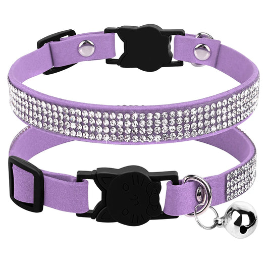 Bling Suede Cat Collar – Rhinestone Bell, Soft & Safe