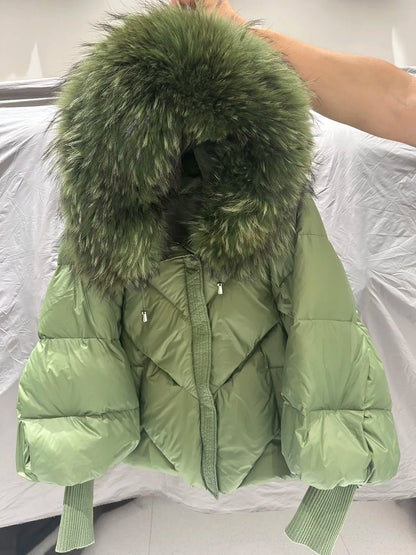 OFTBUY 2025 New Winter Large Real Fur Hooded Puffer Jacket Women Thicken Warm Knitted Sleeve Coat White Duck Down Mid Long Parka