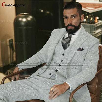 Brown Tweed Suits for Men Slim fit Classic Herringbone Businees Wedding Vintage Tuxedo Tailor-made Blazer Vest Pants 3 Piece Set