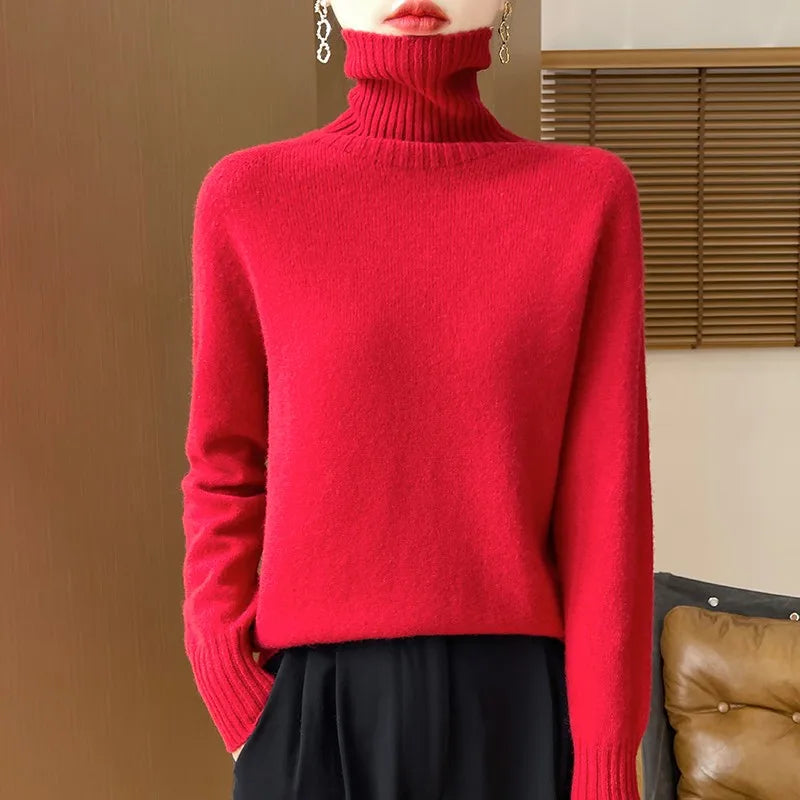Women's Clothing New Fashion Autumn And Winter Merino Wool Pullover Solid Color Long Sleeve Basic Thermal Top 100% Wool Sweater