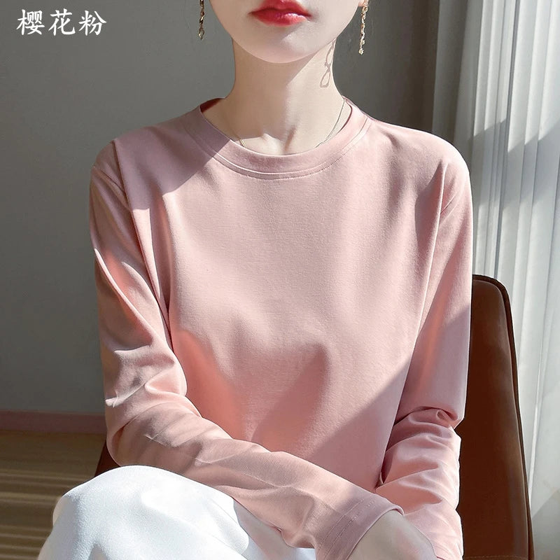 Spring Autumn 100% Cotton Long-Sleeved T-Shirt Women's Round Neck Mercerized Cotton Bottoming Shirt Loose Top