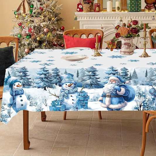 Blue Santa Claus Snowman Christmas Tablecloth Winter Wonderland Table Cover Christmas Decorations for Home 2025 Navidad Gifts