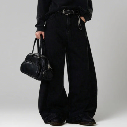 Men’s Wide Leg Curved Denim Jeans – Streetwear Loose Fit