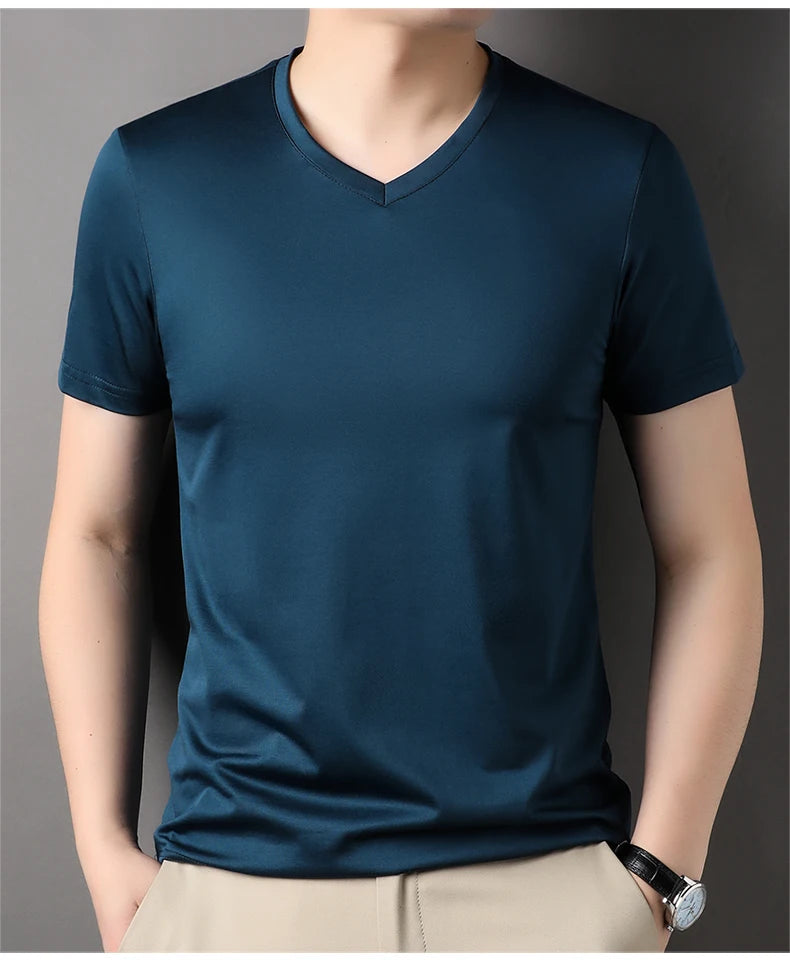 Top Grade 1.7% Mulberry Silk New Summer Brand Tops V Neck t Shirts For Men 2025 Short Sleeve Casual Fashion Mens Clothing