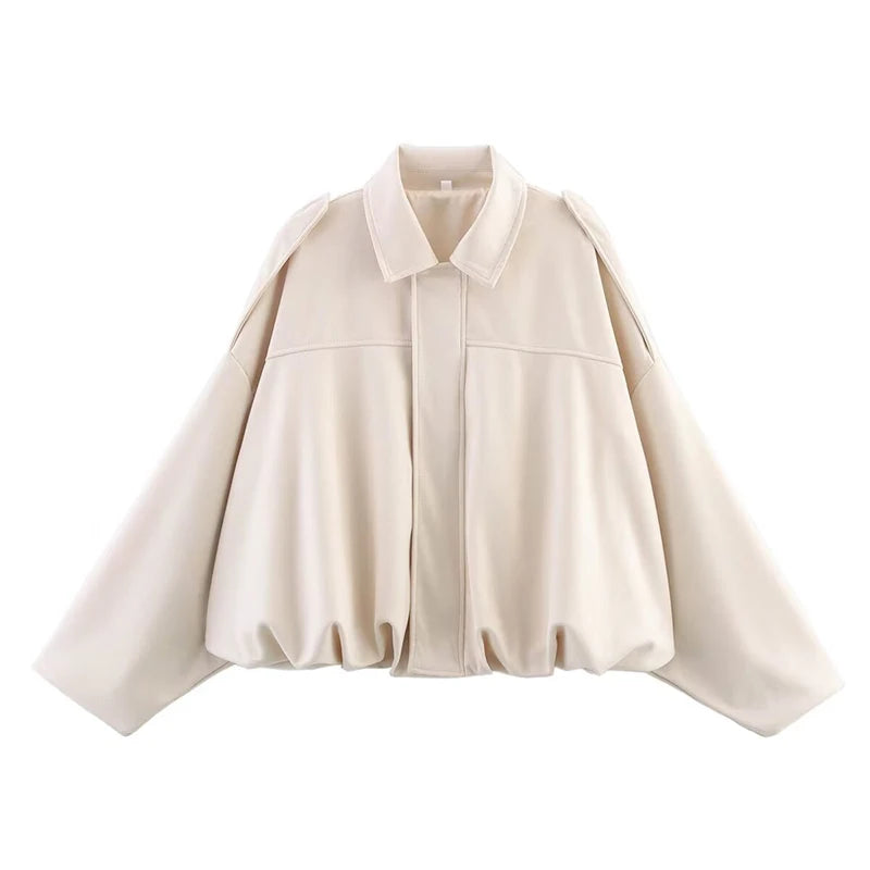RAFZNB Women's Bomber Jackets Coats Fashion Turn-down Collar Long Sleeve Loose Coats Vintage Female Outerwear Chic Tops