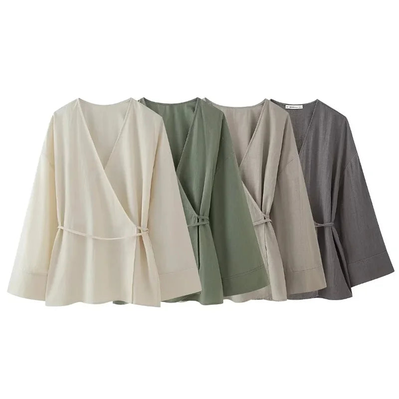 MUJER Kimono Woman Summer Long Sleeve Blouses For Women 2025 Vintage Y2k Top With Ties Loose Elegant And Youth Women's Blouses