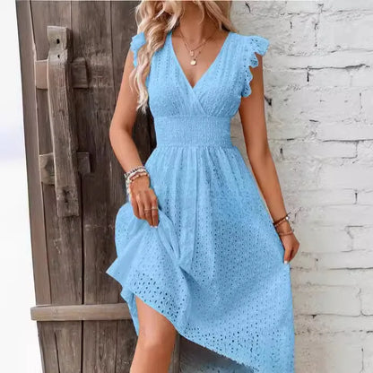 White Lace V-Neck A-Line Mini Dress – Elegant Summer Beachwear