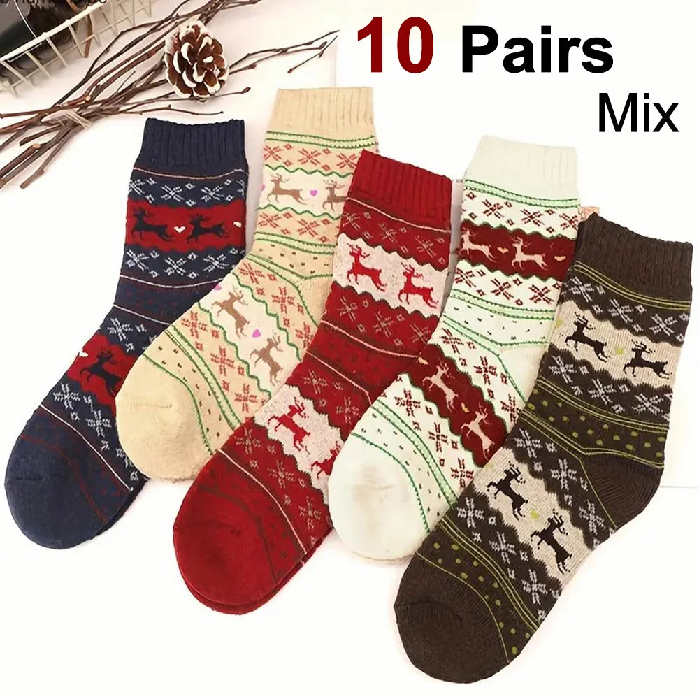 5/10 Pairs Deer Patterned Women Printed Thick Socks Suitable For Warm Soft Comfortable Christmas Stockings Autumn Winter Socks