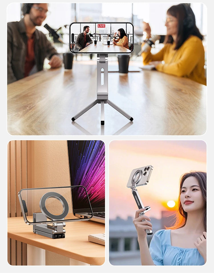 Adjustable Magnetic Phone Tripod Stand with 1/4'' Port, Ultra-Light Aluminium Phone Mount for iPhone Series, for Travel, Vlog