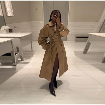 Double-Buckled Belted Hooded Trench Coat Oversized Long Sleeve Maxi 2025 Autumn Edgy Women Outerwear Fashion Trendy Lady Jacket