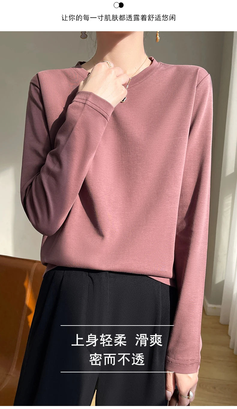 Spring Autumn 100% Cotton Long-Sleeved T-Shirt Women's Round Neck Mercerized Cotton Bottoming Shirt Loose Top