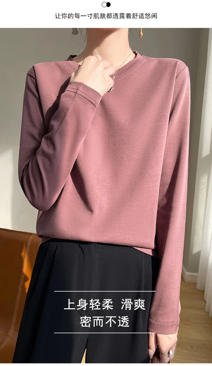 Spring Autumn 100% Cotton Long-Sleeved T-Shirt Women's Round Neck Mercerized Cotton Bottoming Shirt Loose Top