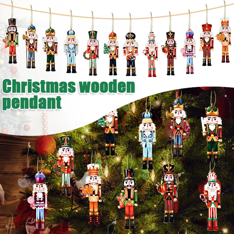 12Pcs Wooden Nutcracker Soldier Pendant Xmas Tree Hanging Ornament 2024 Christmas Decoration for Home Navidad 2025 New Year Gift