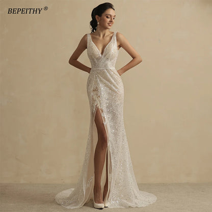BEPEITHY Customized Glitter Wedding Dresses For Women 2025 Bride Romantic Lace Sleeveless Boho Bridal Gown Robe De Soiree New
