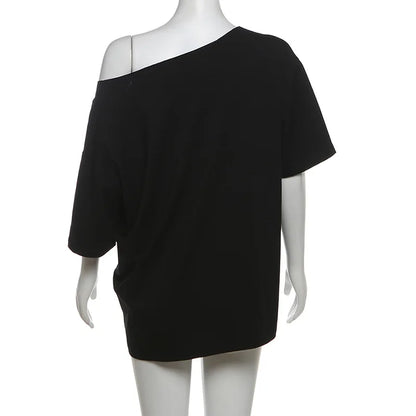 Casual Relax Woman T-shirt Letter 2025 Women Oversized One Shoulder Tops Versatile Street Atmosphere Style Fashionable Tops