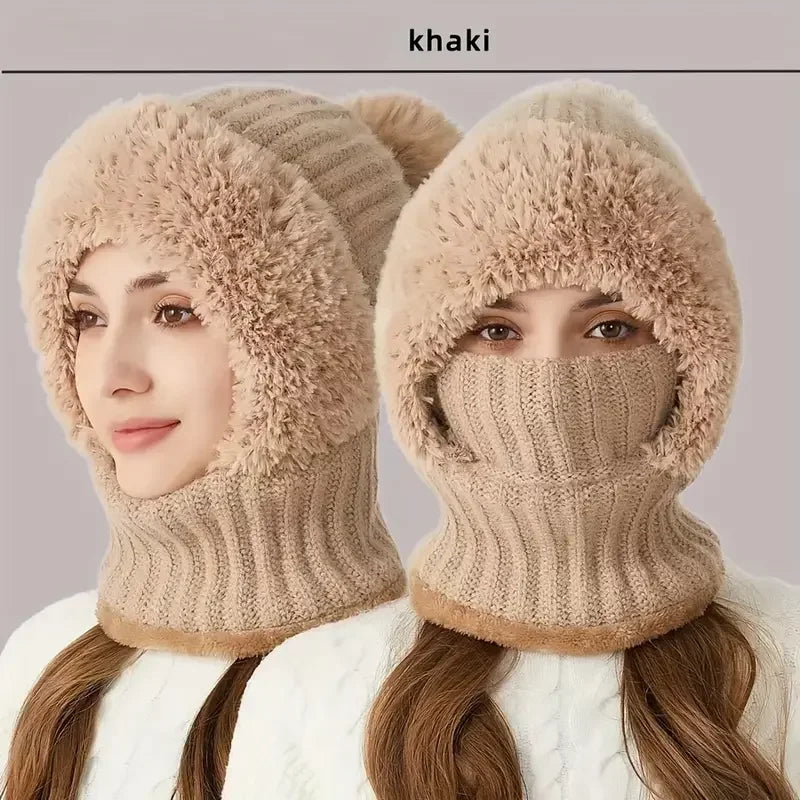 Thermal Fleece Knit Beanie with Ear Covers All-in-One Windproof Hood Neck Warmer Specifically for Bicycle Riders