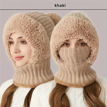 Thermal Fleece Knit Beanie with Ear Covers All-in-One Windproof Hood Neck Warmer Specifically for Bicycle Riders