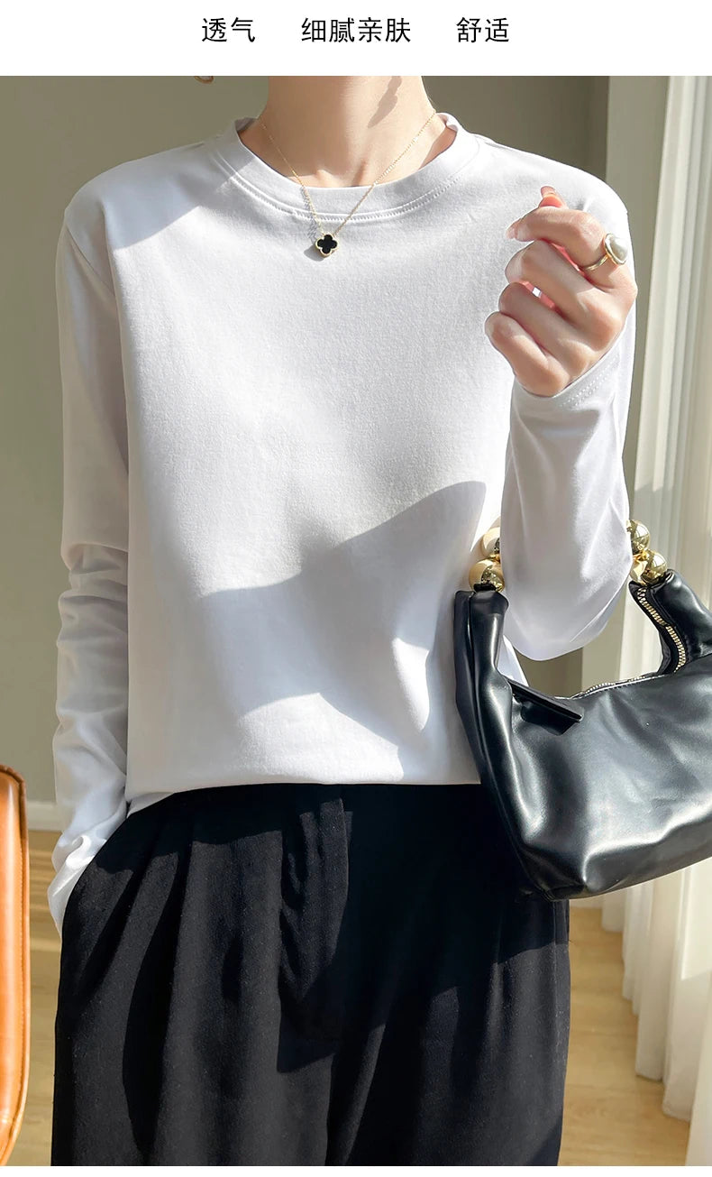 Spring Autumn 100% Cotton Long-Sleeved T-Shirt Women's Round Neck Mercerized Cotton Bottoming Shirt Loose Top
