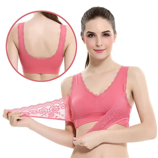 Women's Front Cross Buckle Lace Bra – Wire-Free, Full Coverage & Adjustable for Yoga & Everyday Wear