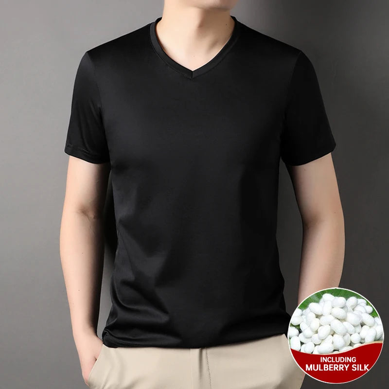 Top Grade 1.7% Mulberry Silk New Summer Brand Tops V Neck t Shirts For Men 2025 Short Sleeve Casual Fashion Mens Clothing