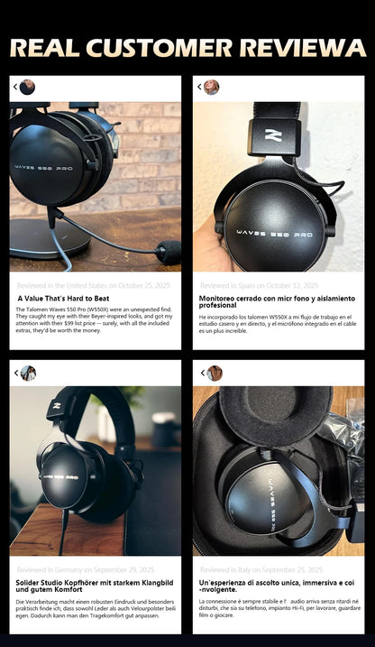 TALOMEN W550X Corded Studio Headphones Stereo Professional DJ Headphones Over-Ear Monitor Headphones with Detachable Cable Gift