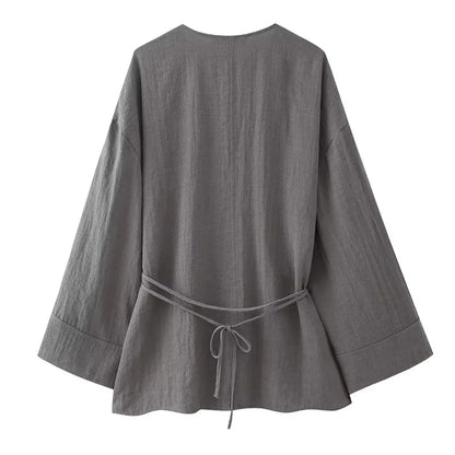 MUJER Kimono Woman Summer Long Sleeve Blouses For Women 2025 Vintage Y2k Top With Ties Loose Elegant And Youth Women's Blouses