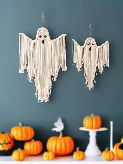 Halloween Ghost Wall Hanging Decor, Macrame Fringe Spooky Ghost Ornaments, for Home, Living Room, Fireplace, Haunted House Decor
