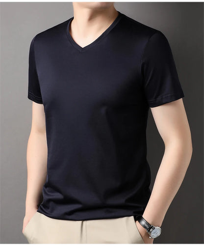 Top Grade 1.7% Mulberry Silk New Summer Brand Tops V Neck t Shirts For Men 2025 Short Sleeve Casual Fashion Mens Clothing