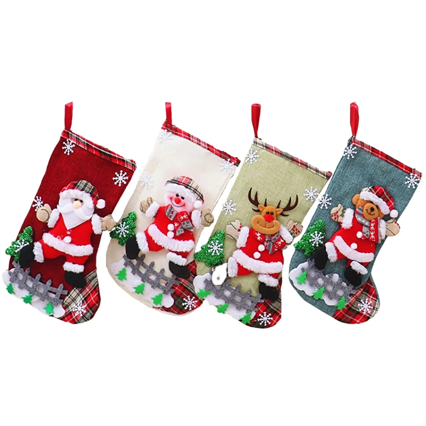 4Pcs Christmas Stockings Set Large Capacity Christmas Ornament Sock Santa Claus/Snowman/Bear/Elk for Home Classroom Party