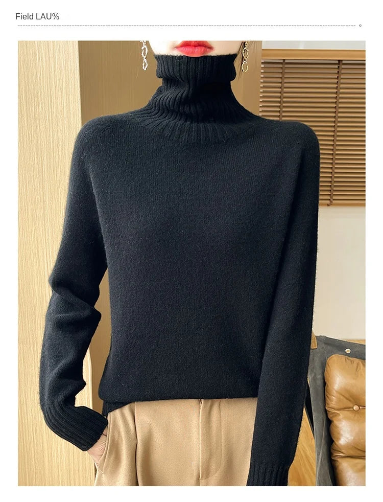 Women's Clothing New Fashion Autumn And Winter Merino Wool Pullover Solid Color Long Sleeve Basic Thermal Top 100% Wool Sweater