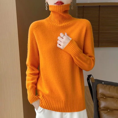 Women's Clothing New Fashion Autumn And Winter Merino Wool Pullover Solid Color Long Sleeve Basic Thermal Top 100% Wool Sweater