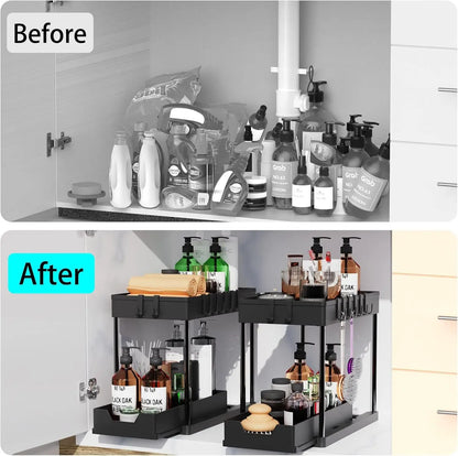 2-Tier Under Sink Organizer with Sliding Drawers & Hooks