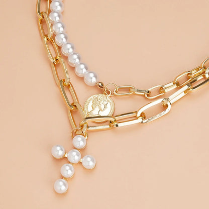 Layered Evil Eye & Cross Pendant Necklace – Lucky Charm