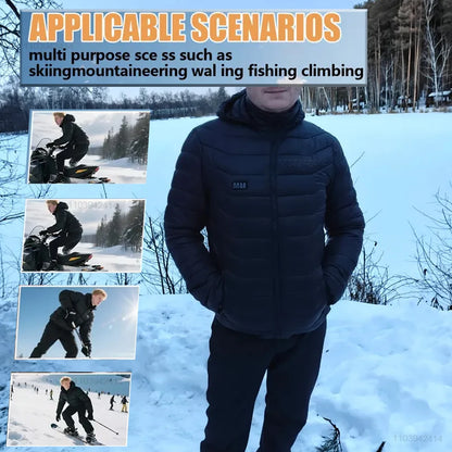 New Heated Jacket Men Women Coats 9/21 Areas USB Self Heated Clothing Winter Ski Camping Heated Down Jacket with Detachable Hood