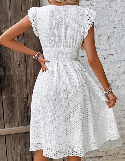 White Lace V-Neck A-Line Mini Dress – Elegant Summer Beachwear
