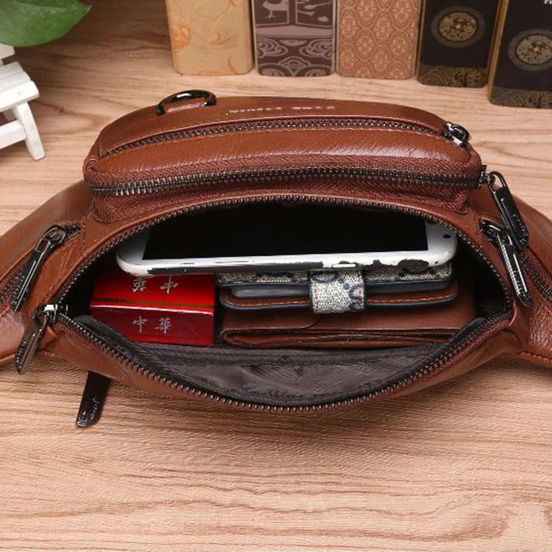 Genuine Leather Waist Fanny Pack Bag For Men Travel Retro Natural Skin Male Purse Cross Body Sling Chest Hip Bum Belt Bags