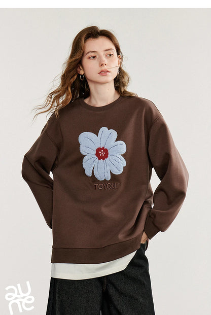 TOYOUTH Women Hoodies Sweatshirt 2025 Autumn New Plush Flower Printed Contrasting Color Splicing Fake Two Piece Cotton Pullover