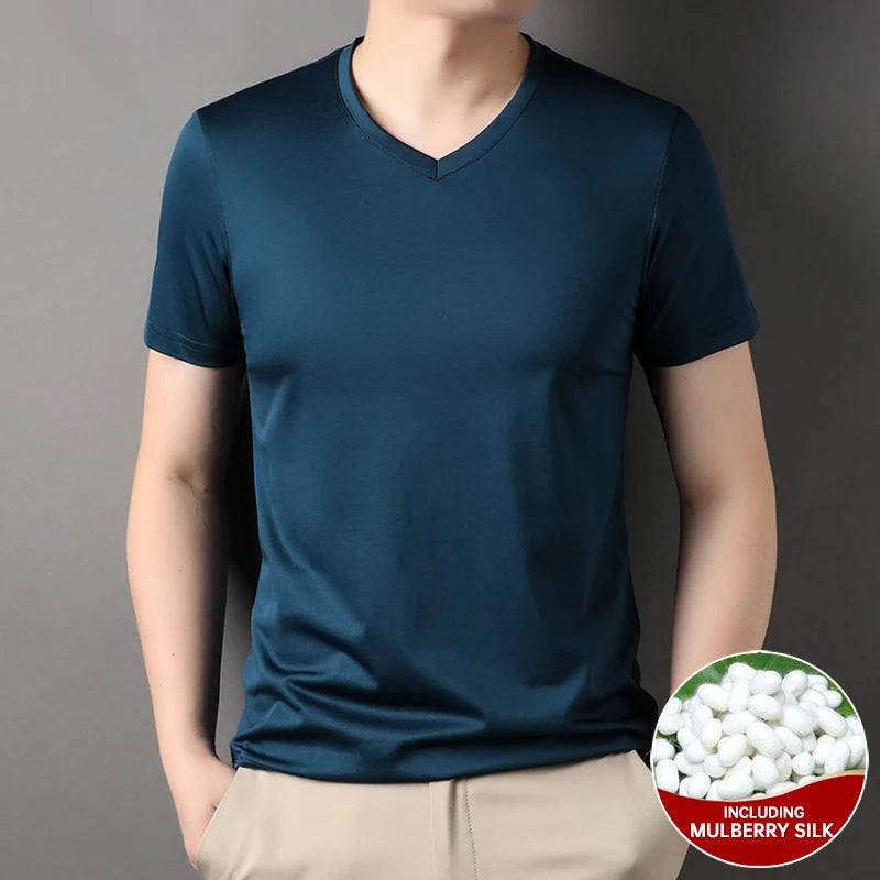 Top Grade 1.7% Mulberry Silk New Summer Brand Tops V Neck t Shirts For Men 2025 Short Sleeve Casual Fashion Mens Clothing