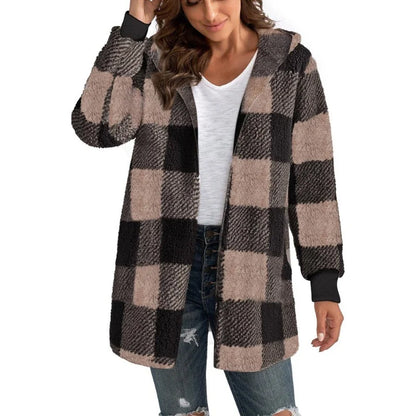 Women Autumn Winter Double Fleece Plaid Cardigan Soft Loose Long Sleeve Plush Warm Hooded Jacket Female Patchwork Outerwear Coat