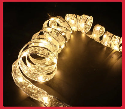 Christmas Decoration LED Ribbon Fairy Lights Christmas Tree Ornaments for Home 2025 DIY Bows Light String Navidad New Year 2026