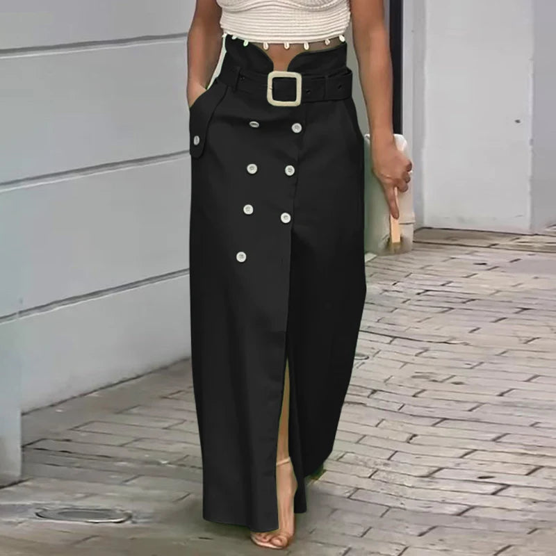 VONDA Women Elegant Skirts 2025 Casual Waistband Button Design Slit Long Overskirts Solid Color Office Lady Bottoms Oversized