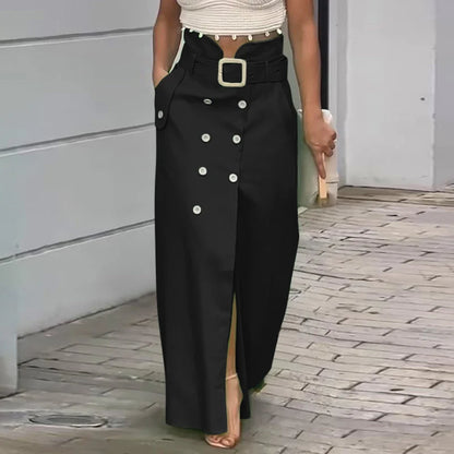 VONDA Women Elegant Skirts 2025 Casual Waistband Button Design Slit Long Overskirts Solid Color Office Lady Bottoms Oversized