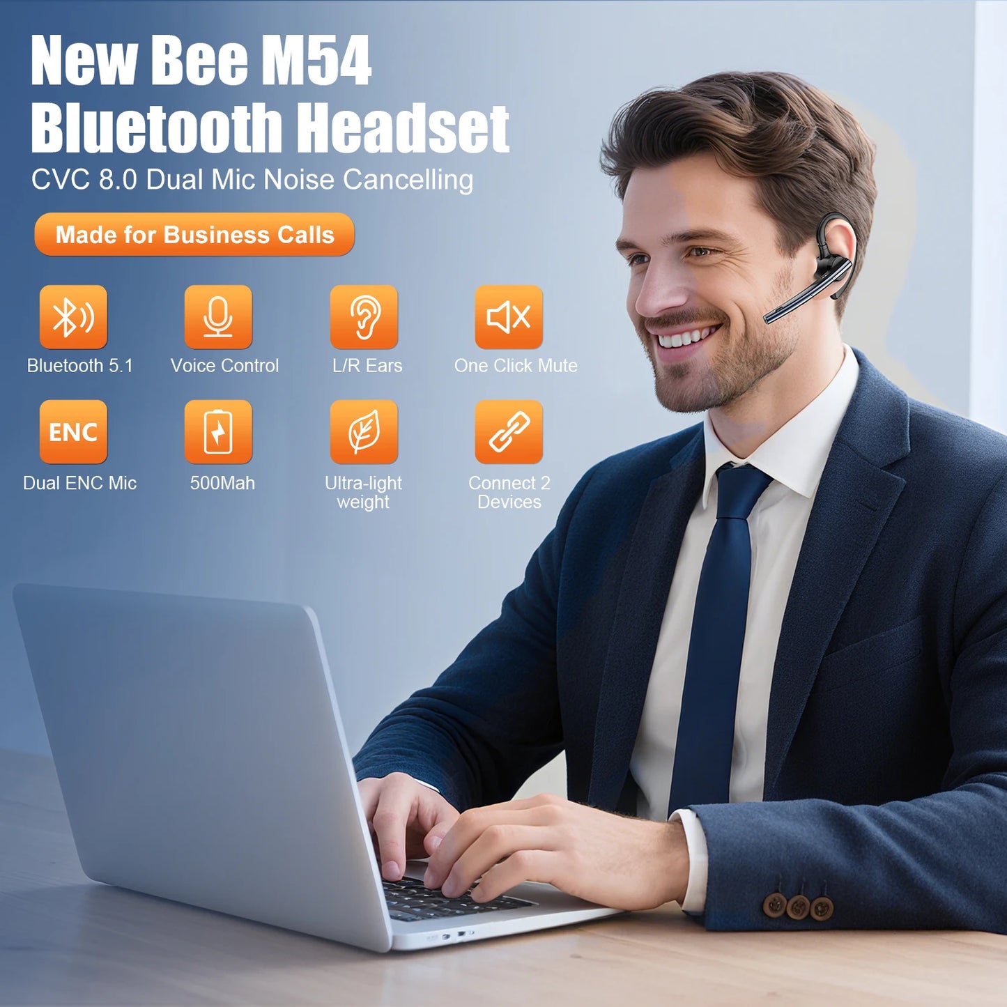 New Bee M54 Bluetooth Headset Wireless Headphone Noise Cancelling Earpiece Dual-Mic Mute Handsfree Earphones for Driver Office