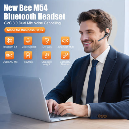 New Bee M54 Bluetooth Headset Wireless Headphone Noise Cancelling Earpiece Dual-Mic Mute Handsfree Earphones for Driver Office