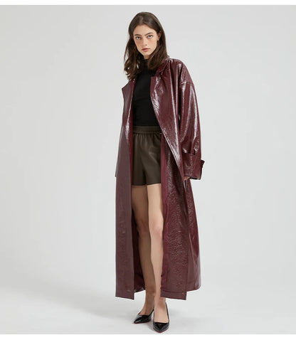 Lautaro Spring Autumn Extra Long Burgundy Pu Leather Trench Coat for Women with Belt Elegant Luxury Designer Maxi Overcoat 2024