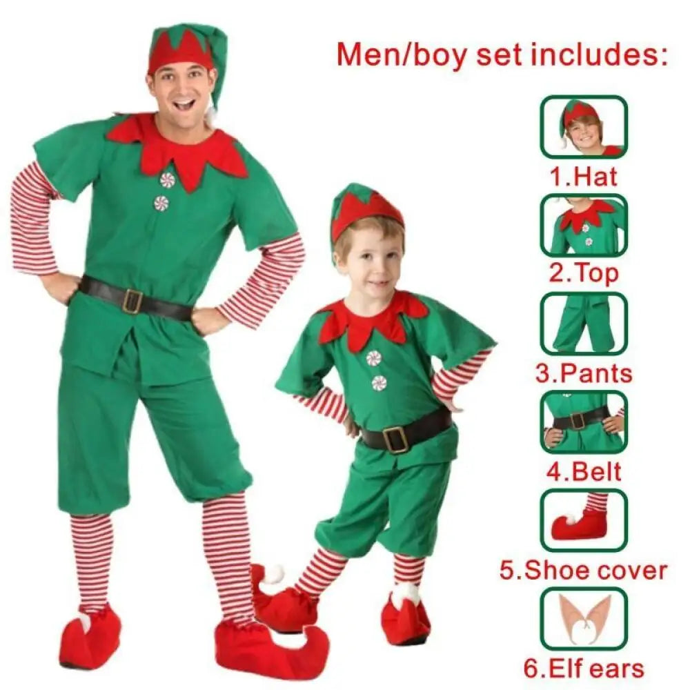 Adult and Boys Christmas Green Elf Cosplay Costume Xmas Party New Year Santa Claus Hat Belt Socks Shoe Cover Dress Clothes Set
