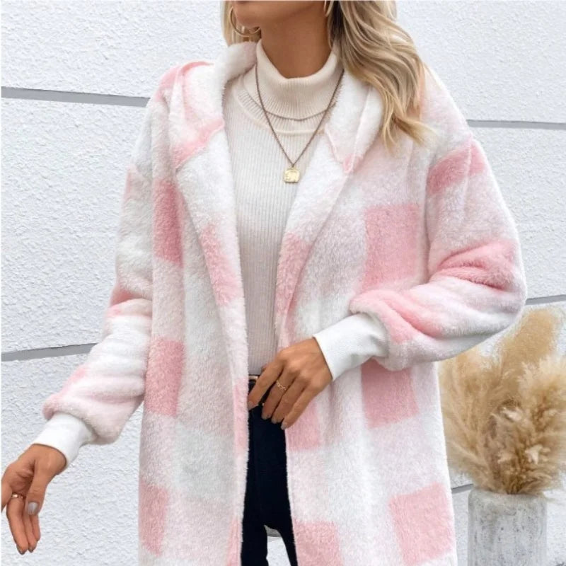 Women Autumn Winter Double Fleece Plaid Cardigan Soft Loose Long Sleeve Plush Warm Hooded Jacket Female Patchwork Outerwear Coat