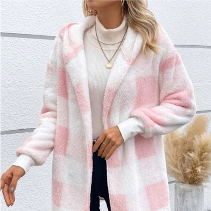 Women Autumn Winter Double Fleece Plaid Cardigan Soft Loose Long Sleeve Plush Warm Hooded Jacket Female Patchwork Outerwear Coat