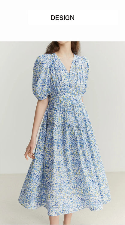 FSLE Blue Romantic Floral Dress Women Elegant Vintage High Waist V-neck Puff Sleeve Summer Printing Female Cotton Long Skirts