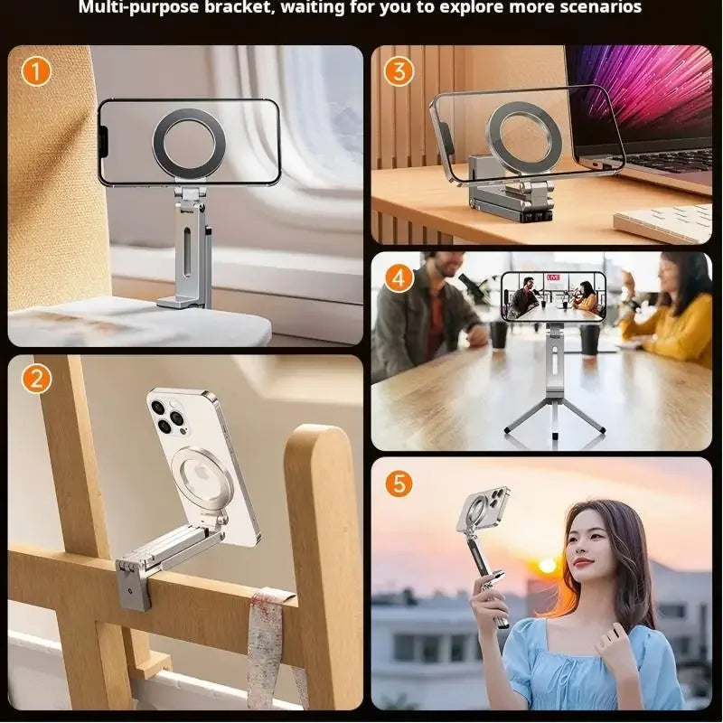 Adjustable Magnetic Phone Tripod Stand with 1/4'' Port, Ultra-Light Aluminium Phone Mount for iPhone Series, for Travel, Vlog